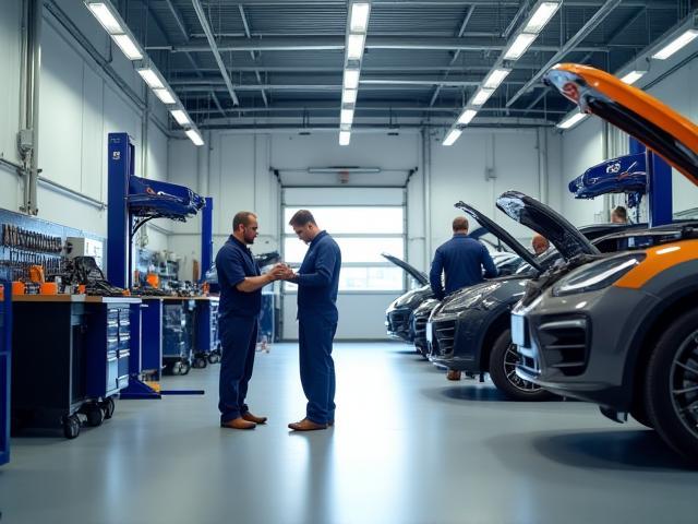 Interior view of the Schwartz Automotive Group repair shop with mechanics at work