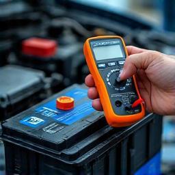 Mechanic testing car battery with multimeter