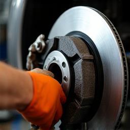 Close-up of brake pads and rotors