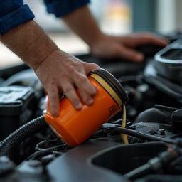 Hands changing oil in car engine