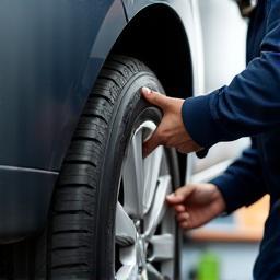 Car tire being replaced with new tire